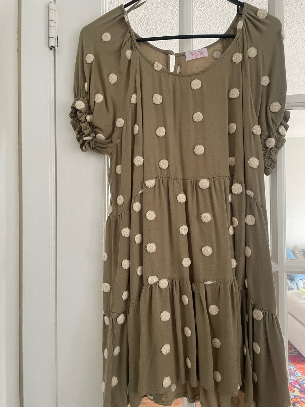 Pink Lily Olive Green Tiered Dress with Cream Pom-Poms